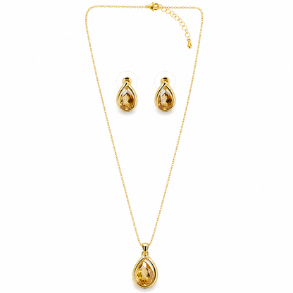 Yellow Smoked Topaz Cubic Zirconia American Diamond Gold Plated Pendant Set