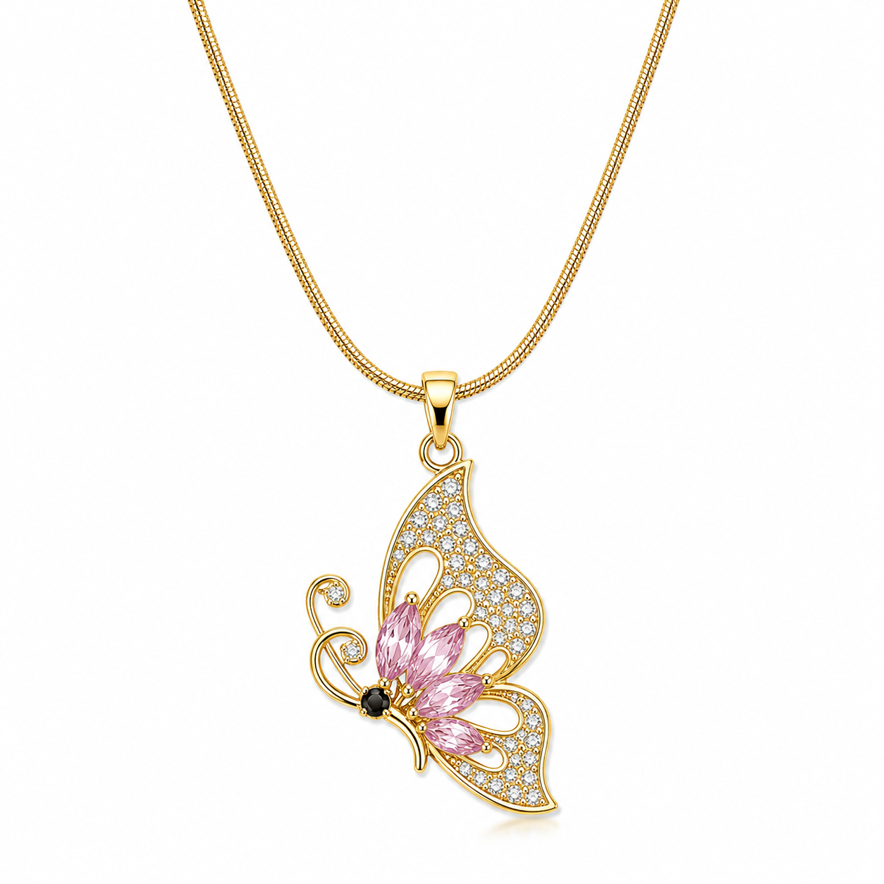 Pink Topaz Cubic Zirconia Butterfly Design American Diamond Gold Plated Stainless Steel Necklace