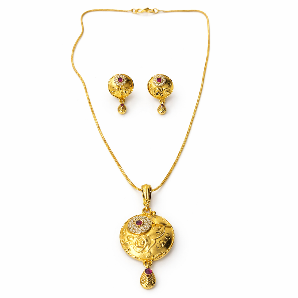 Red Ruby & Solitaire Cubic Zirconia American Diamond 1 Micron Gold Plated Pendant Set