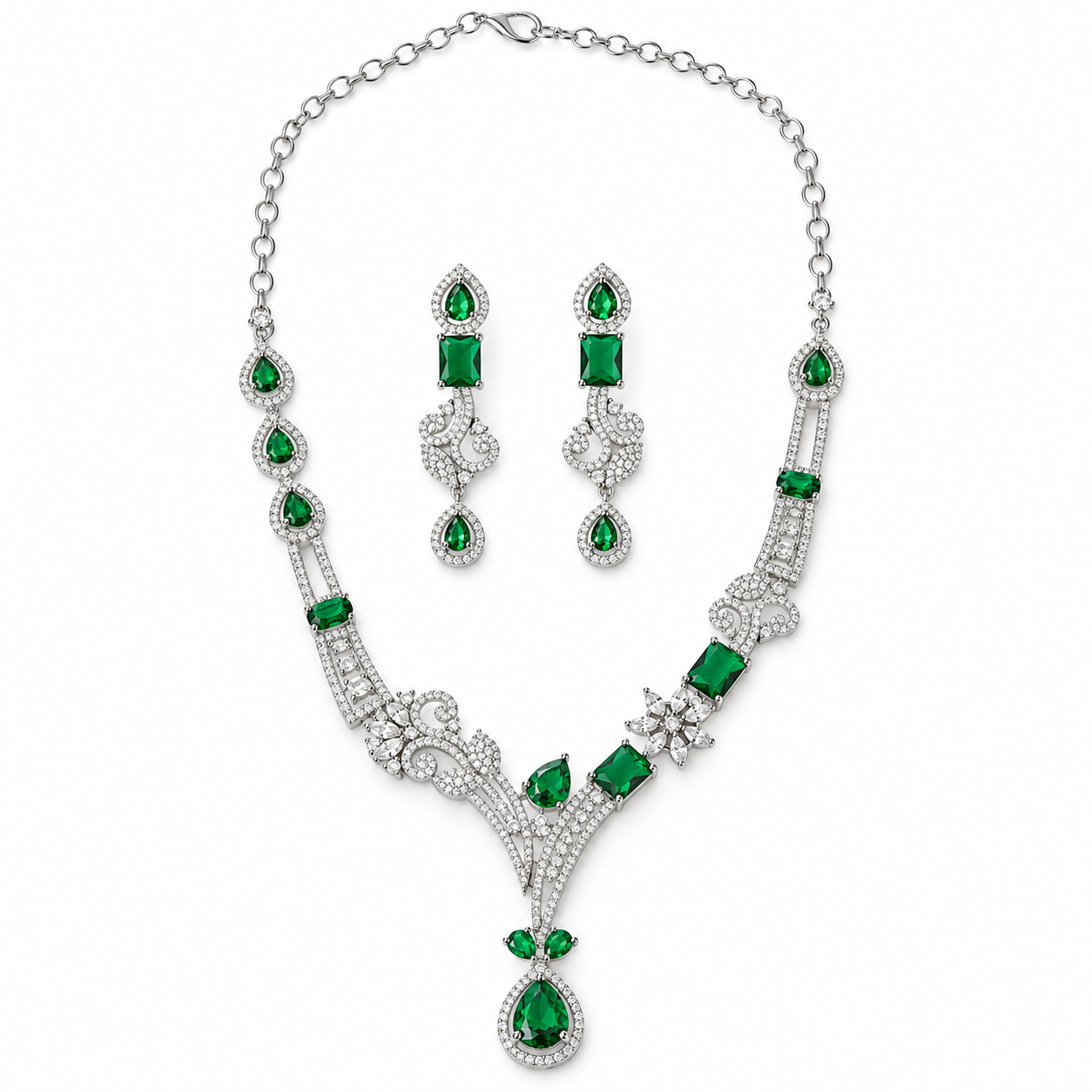 Green Emerald Cubic Zirconia American Diamond Silver Plated Necklace Set