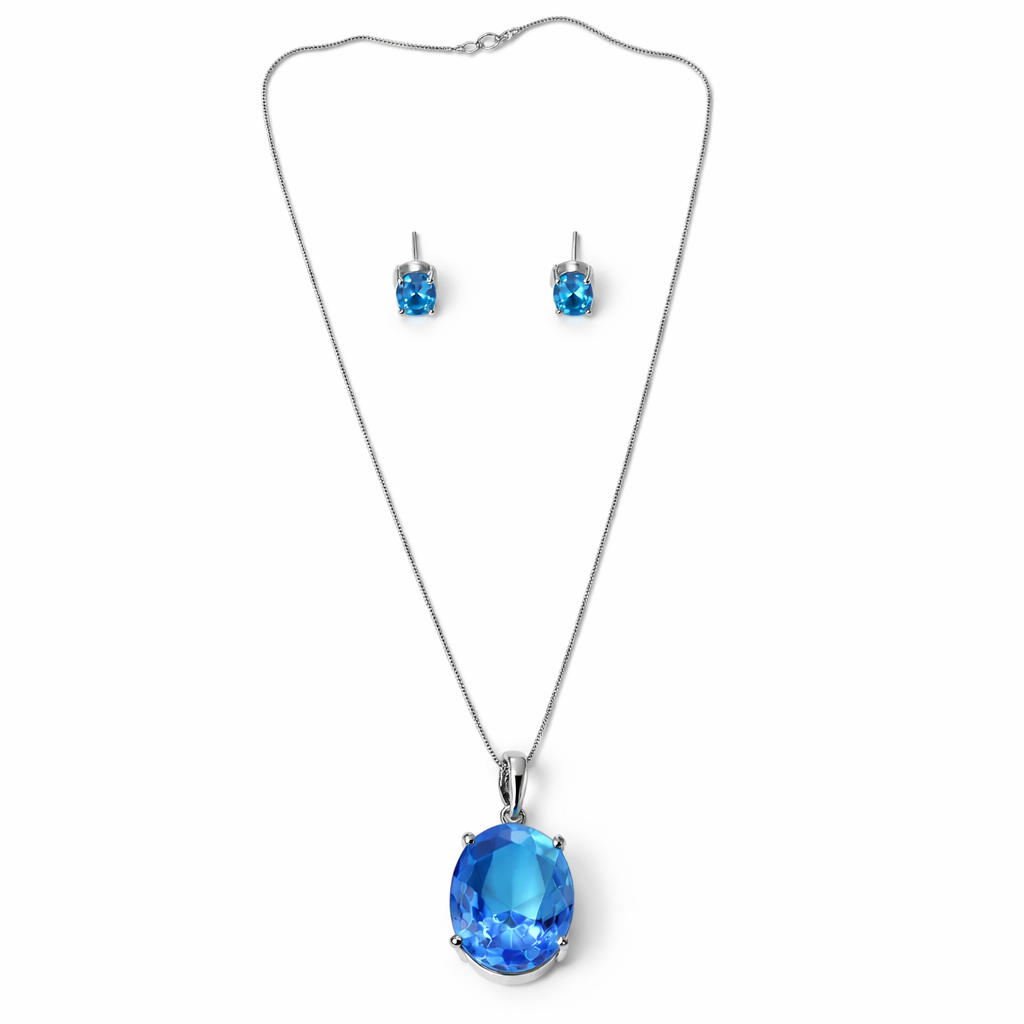 Aqua Blue Sapphire Cubic Zirconia American Diamond Silver Plated Pendant Set