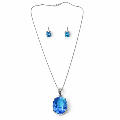 Aqua Blue Sapphire Cubic Zirconia American Diamond Silver Plated Pendant Set