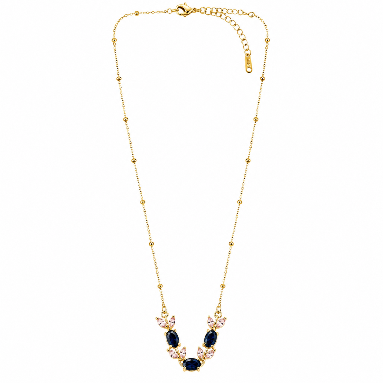 Blue Sapphire & Pink Topaz Cubic Zirconia Tulip Design American Diamond Gold Plated Stainless Steel Necklace