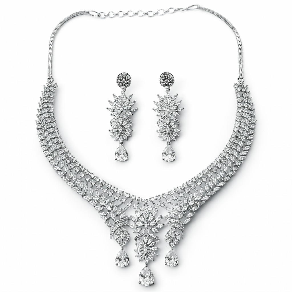 Solitaire Cubic Zirconia American Diamond Silver Plated Necklace Set