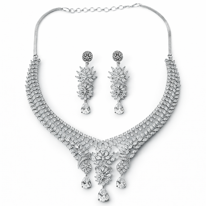 Solitaire Cubic Zirconia American Diamond Silver Plated Necklace Set