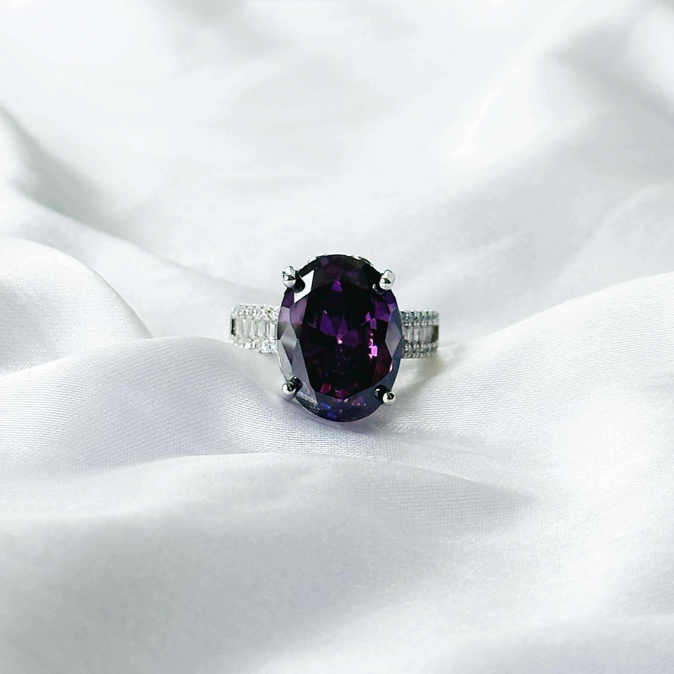 Amethyst Cubic Zircon Ice Cut American Diamond Silver Plated Adjustable Ring