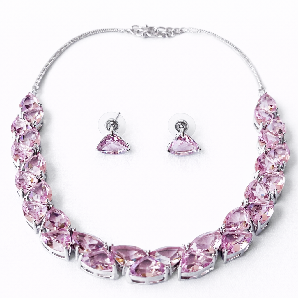 Pink Topaz Cubic Zirconia American Diamond Silver Plated Necklace Set