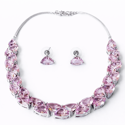 Pink Topaz Cubic Zirconia American Diamond Silver Plated Necklace Set