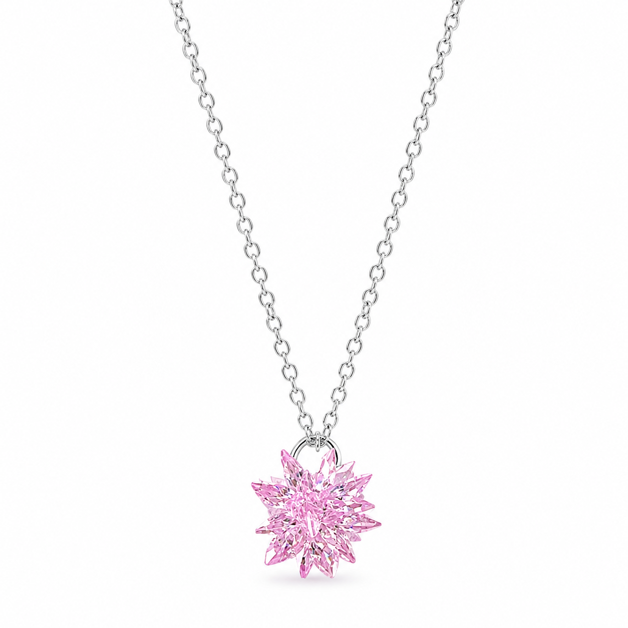 Pink Crystal Flower Design Silver Plated Stainless Steel Necklace