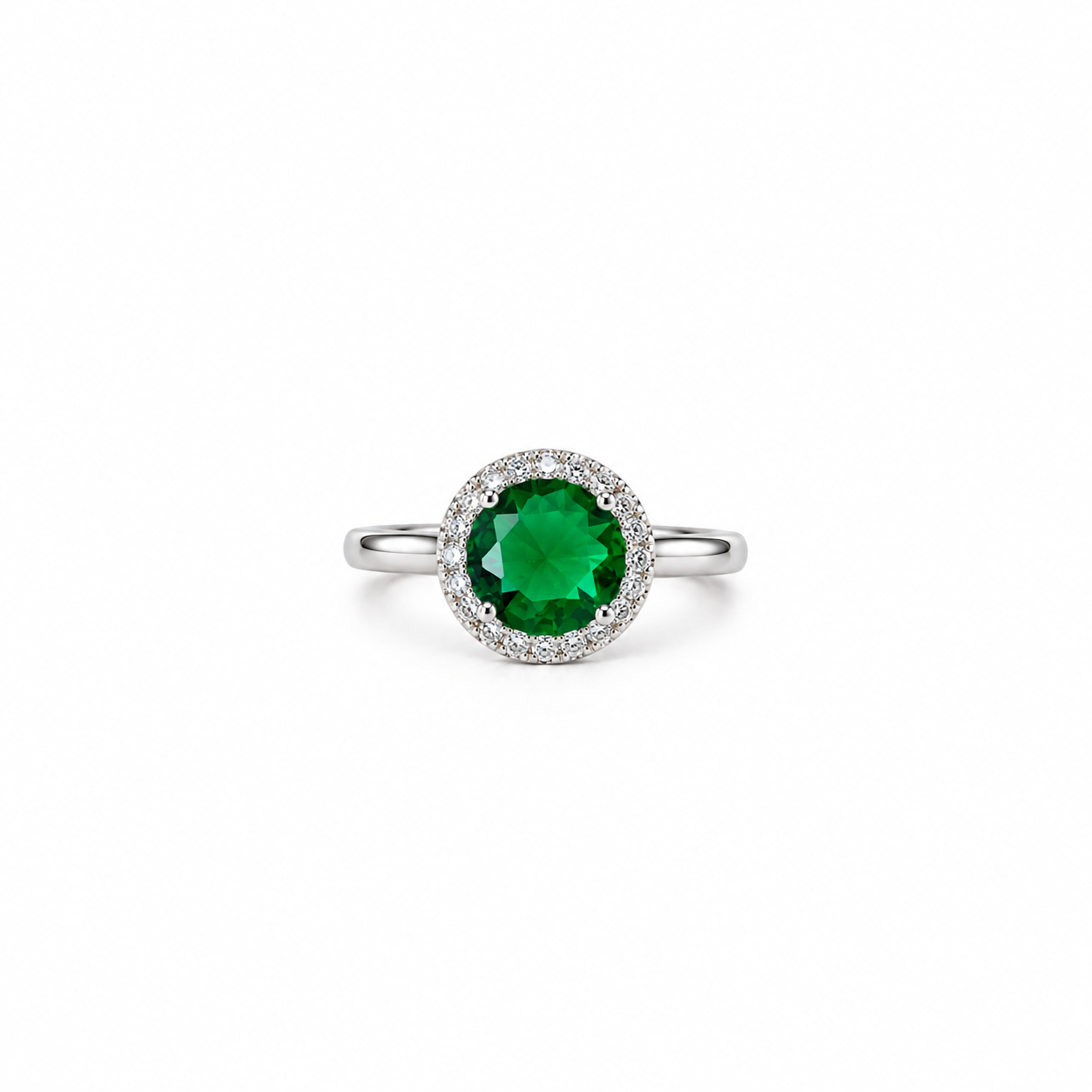 Green Emerald Cubic Zirconia Ice Cut American Diamond Silver Plated Adjustable Ring