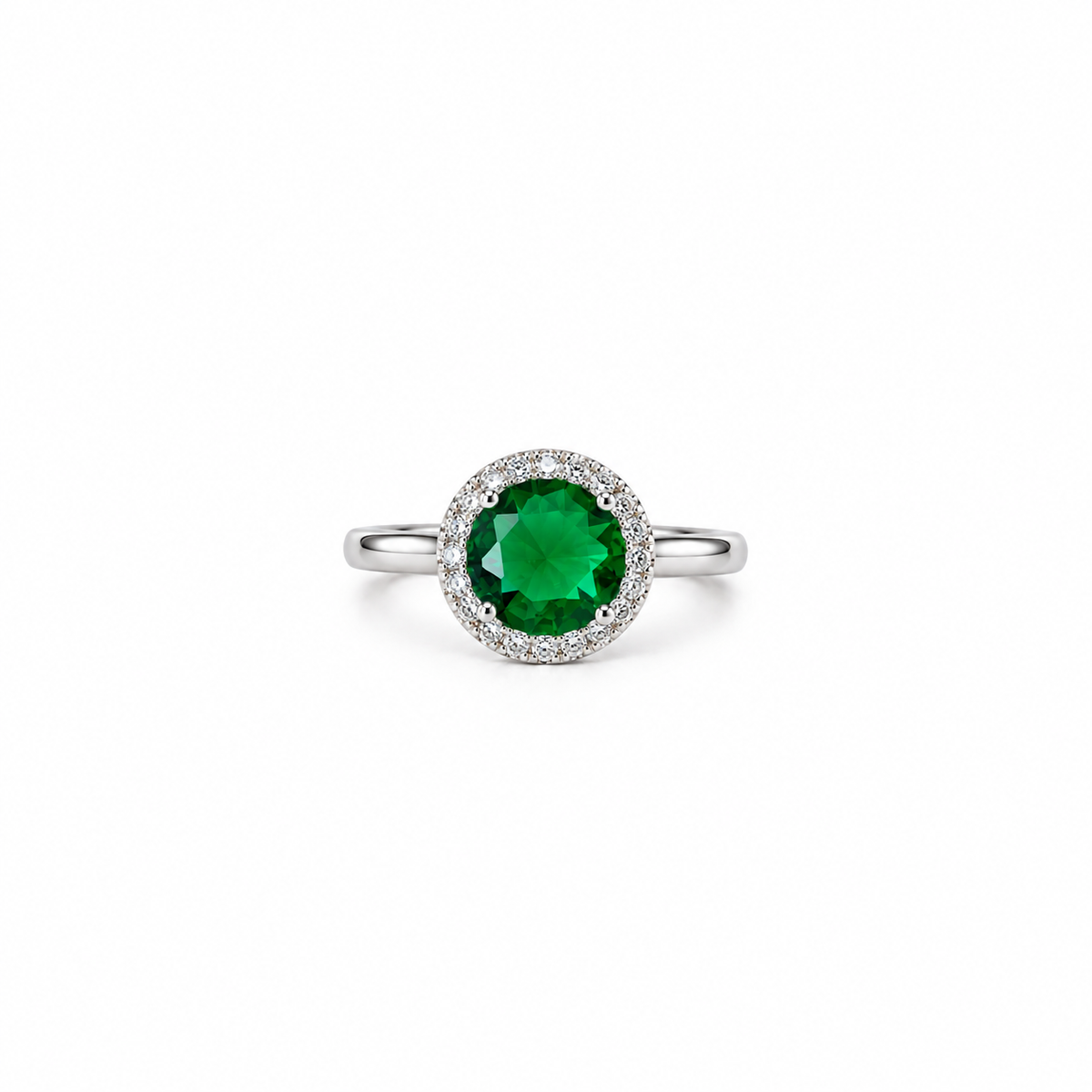 Green Emerald Cubic Zirconia Ice Cut American Diamond Silver Plated Adjustable Ring