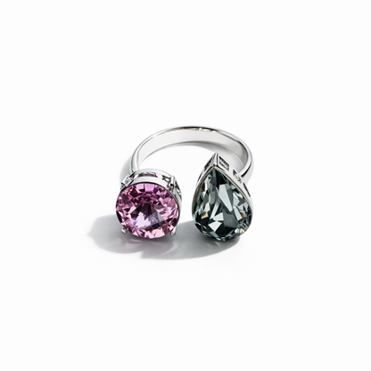 Light Rose & Morion Swarovski Crystals Silver Plated Adjustable Ring