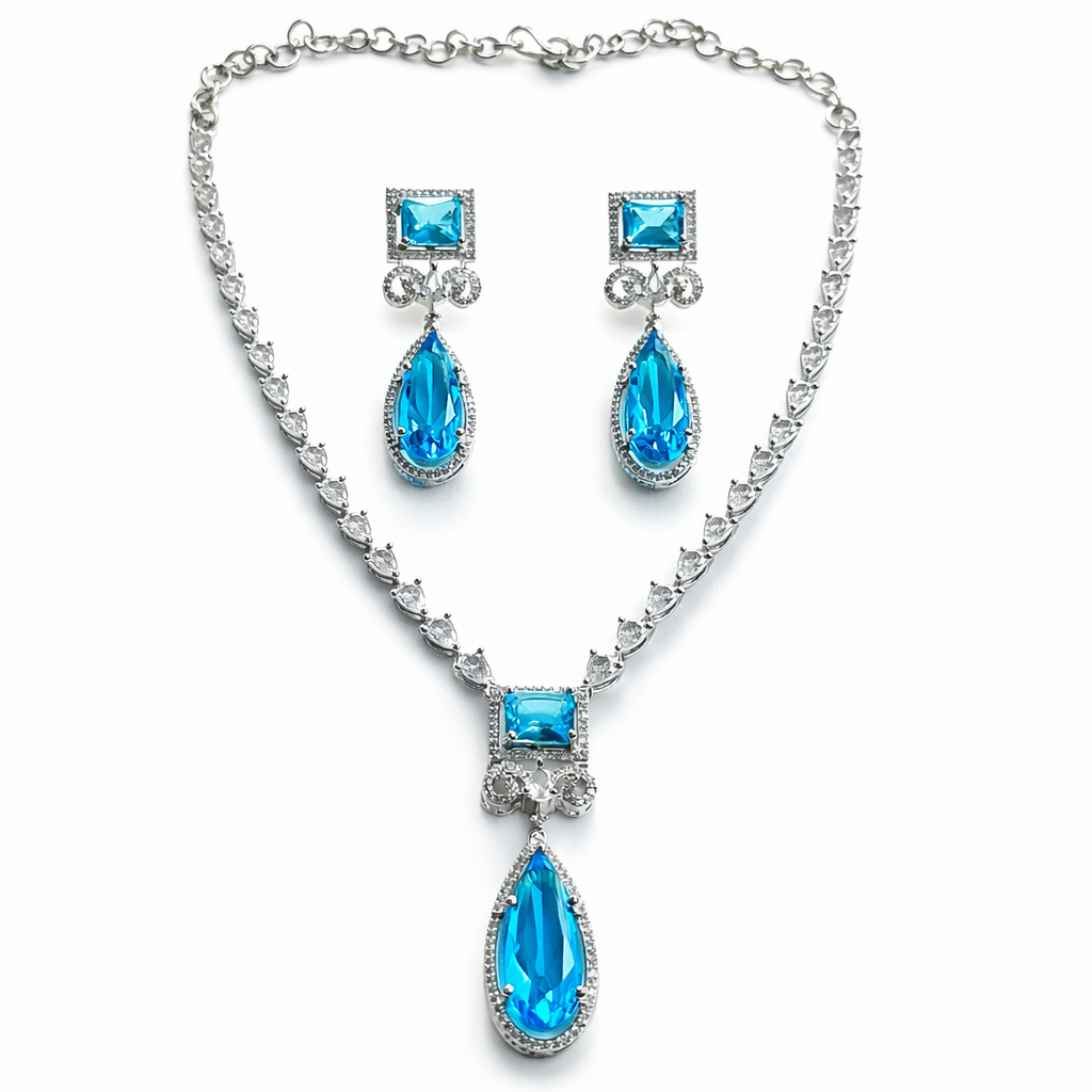 Aqua Blue Sapphire Cubic Zirconia American Diamond Silver Plated Necklace Set
