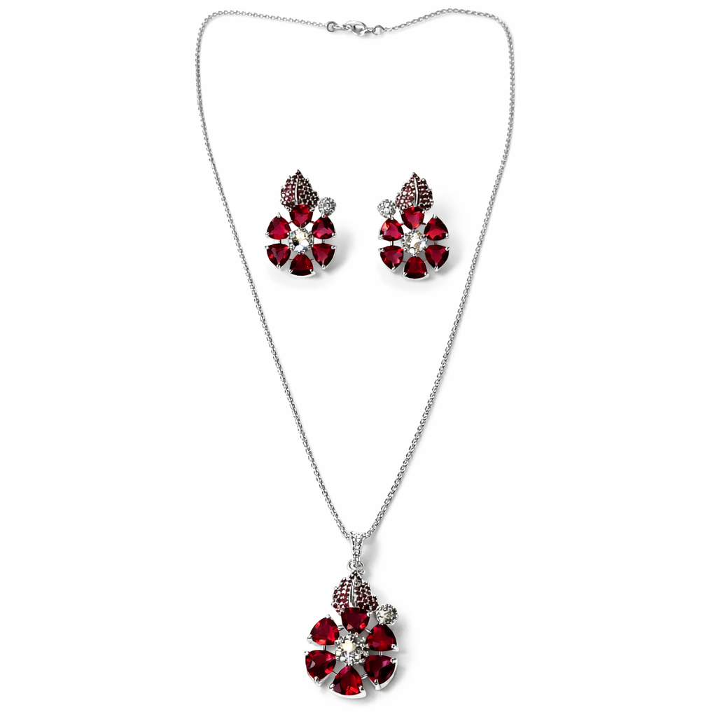 Red Ruby Cubic Zirconia American Diamond Silver Plated Pendant Set