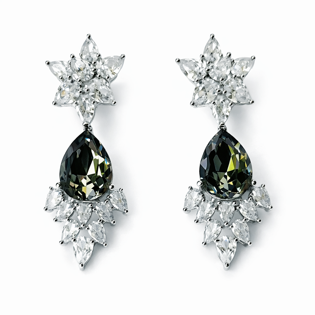 Black Morion Swarovski Crystal American Diamond Silver Plated Earrings