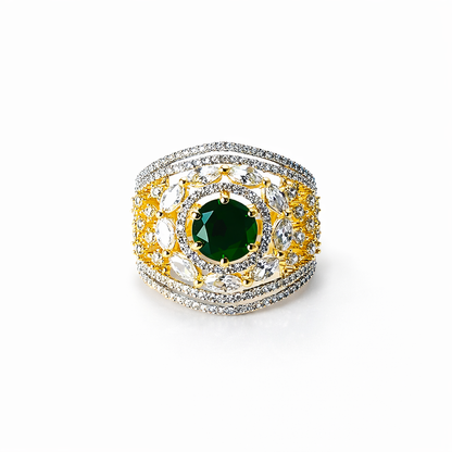 Green Emerald Cubic Zirconia American Diamond Gold/Silver Plated Adjustable Ring