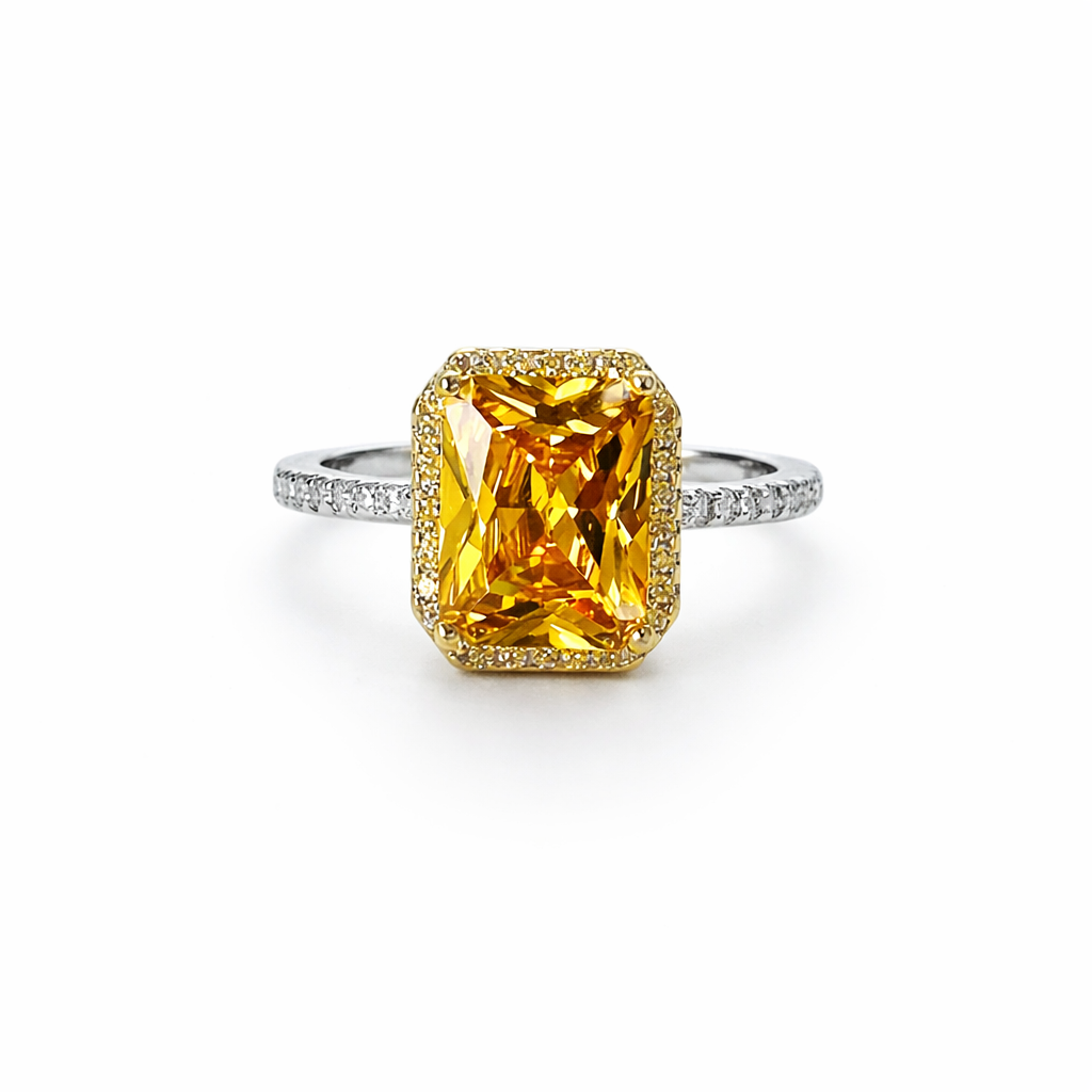 Yellow Topaz Cubic Zirconia Ice Cut American Diamond Gold/Silver Plated Adjustable Ring