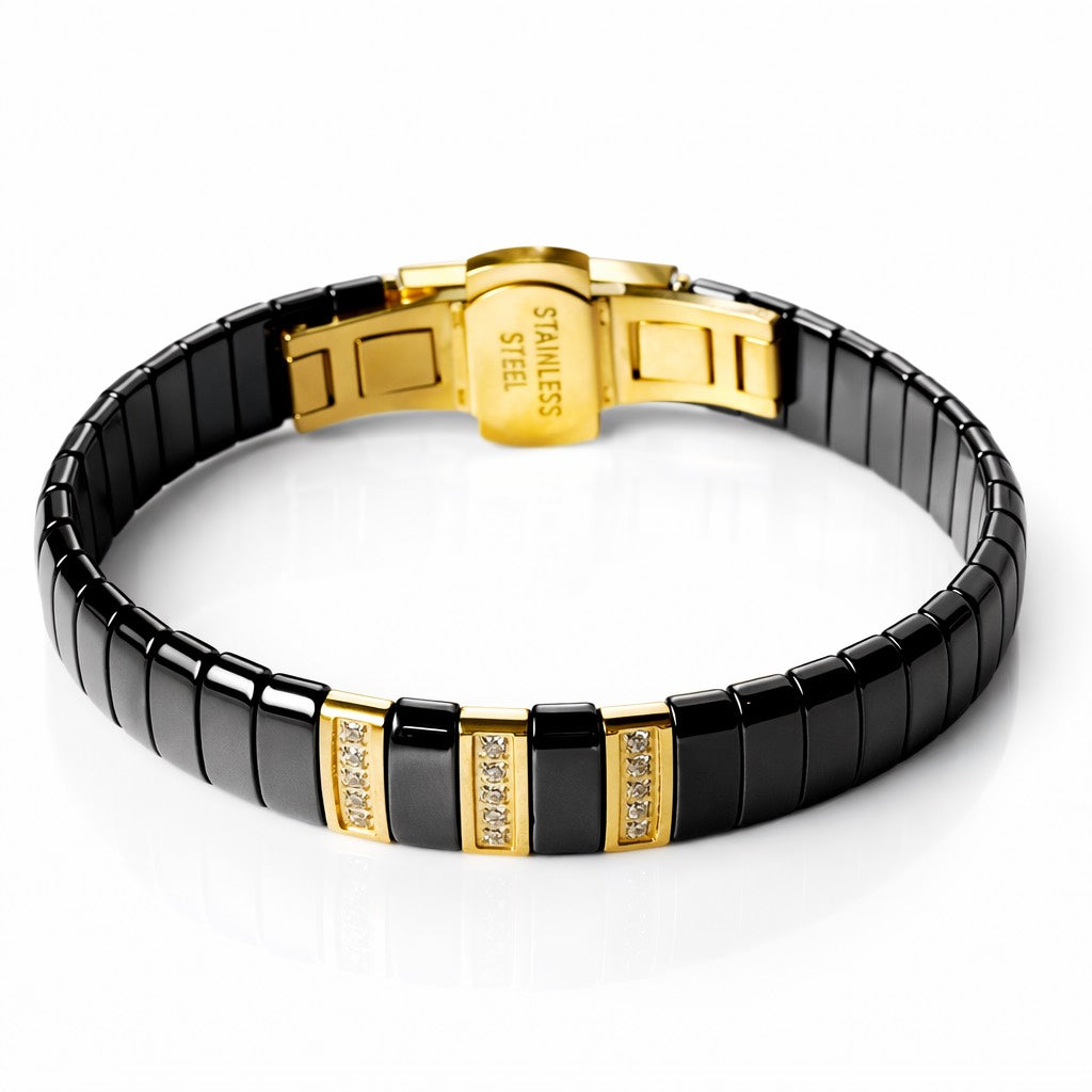 Black & Gold Cubic Zirconia American Diamond Ceramic Stainless Steel Bracelet