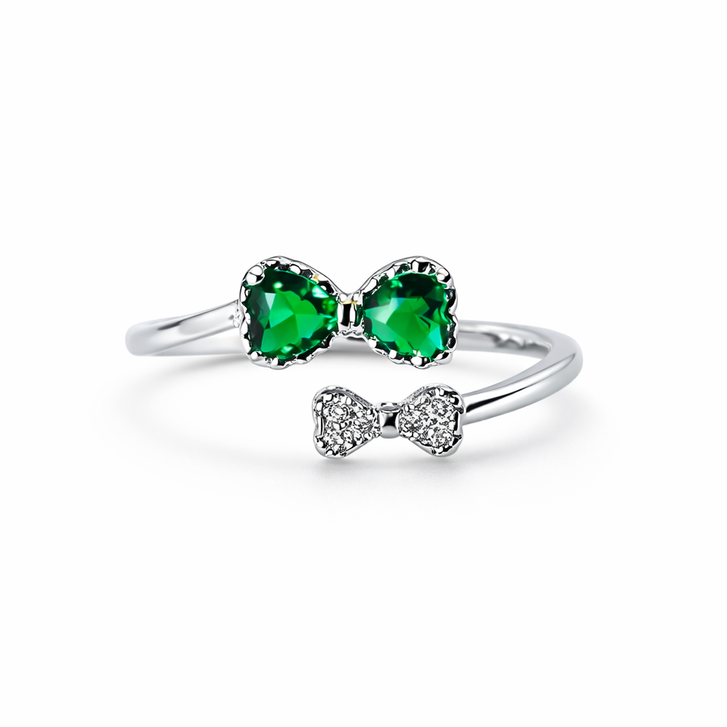 Green Emerald Cubic Zirconia American Diamond Silver Plated Adjustable Ring