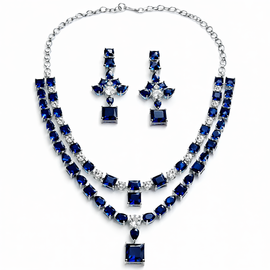 Blue Sapphire Cubic Zirconia American Diamond Silver Plated Necklace Set