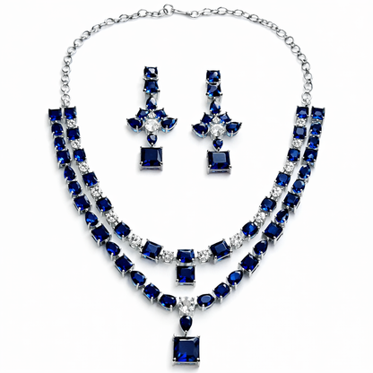 Blue Sapphire Cubic Zirconia American Diamond Silver Plated Necklace Set