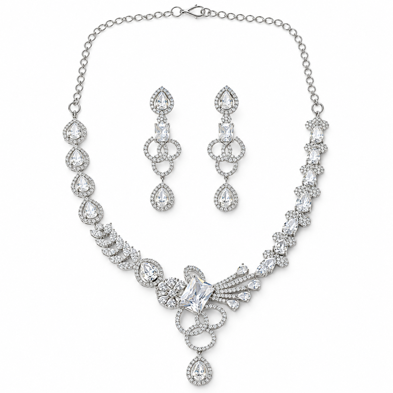 Solitaire Cubic Zirconia American Diamond Silver Plated Necklace Set