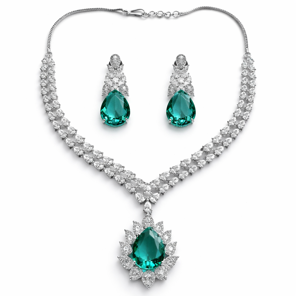 Sea Green Topaz Cubic Zirconia American Diamond Silver Plated Necklace Set