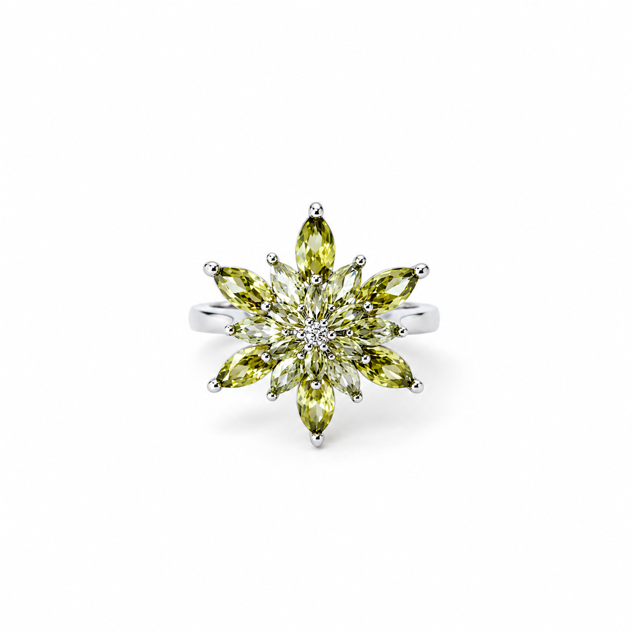 Olive Green Cubic Zirconia Ice Cut American Diamond Silver Plated Adjustable Ring