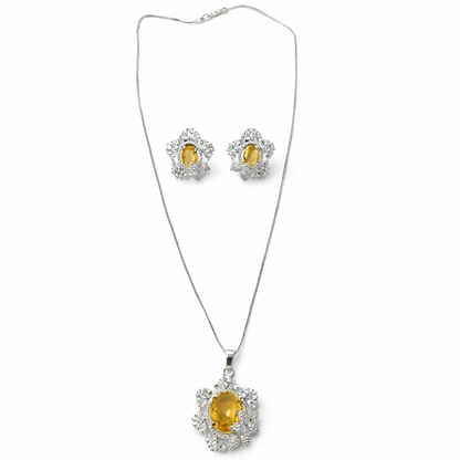 Yellow Topaz Cubic Zirconia American Diamond Silver Plated Pendant Set
