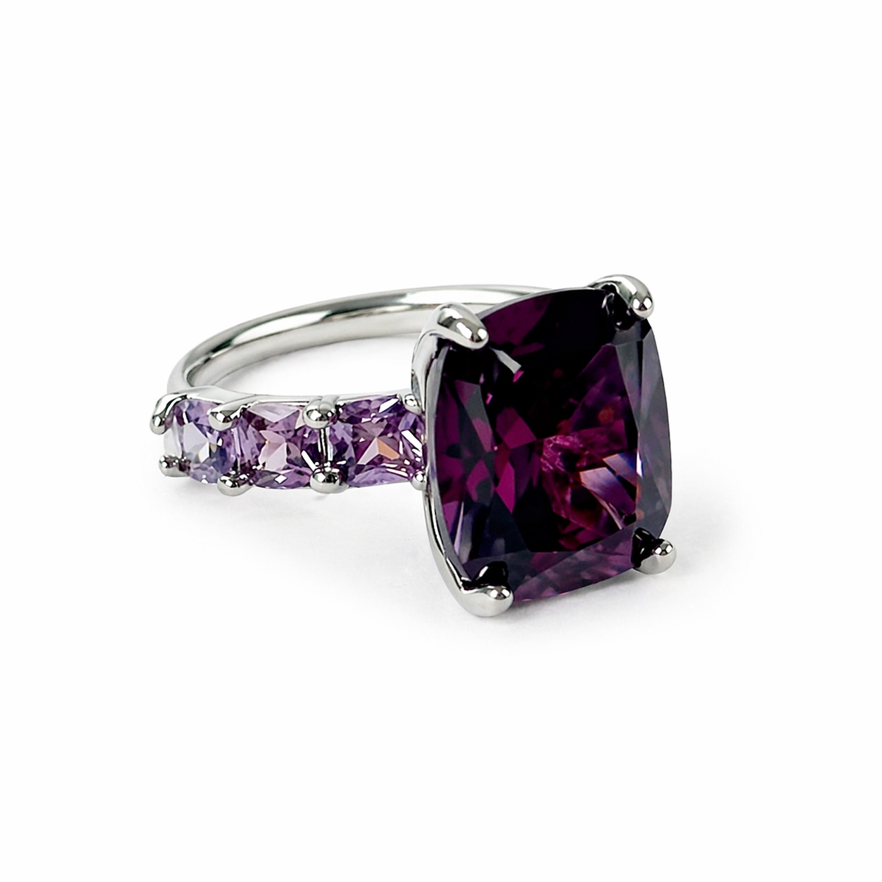 Purple Amethyst Cubic Zirconia Ice Cut American Diamond Silver Plated Adjustable Ring