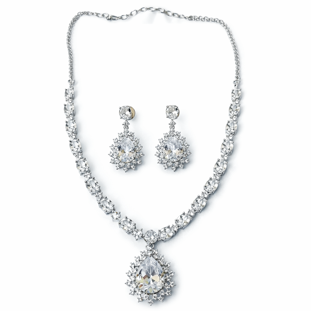 Solitaire Cubic Zirconia American Diamond Silver Plated Necklace Set
