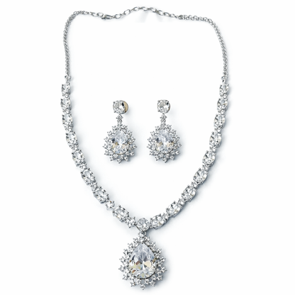 Solitaire Cubic Zirconia American Diamond Silver Plated Necklace Set