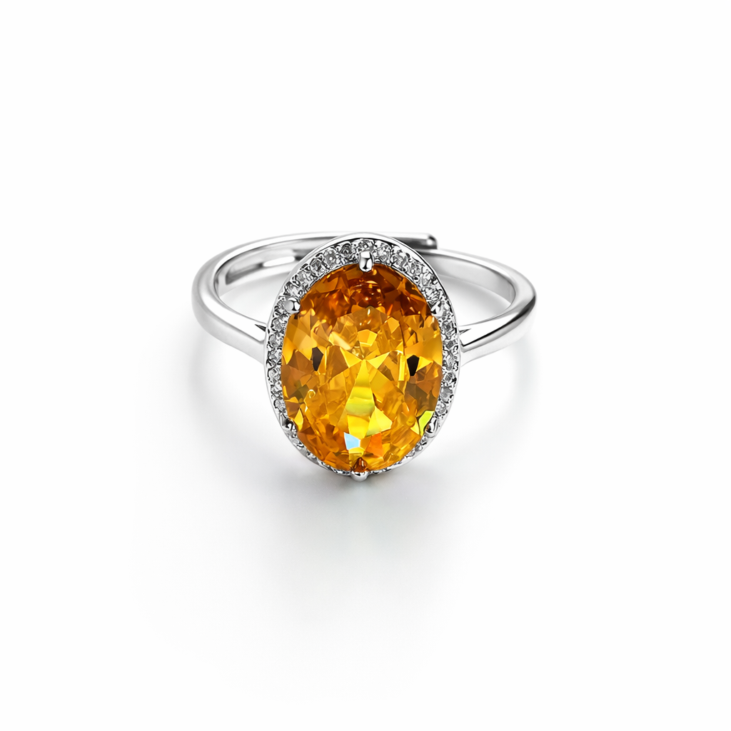 Yellow Topaz Cubic Zirconia Ice Cut American Diamond Silver Plated Adjustable Ring