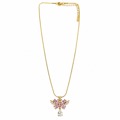 Pink Topaz Cubic Zirconia Butterfly Design American Diamond Gold Plated Stainless Steel Necklace