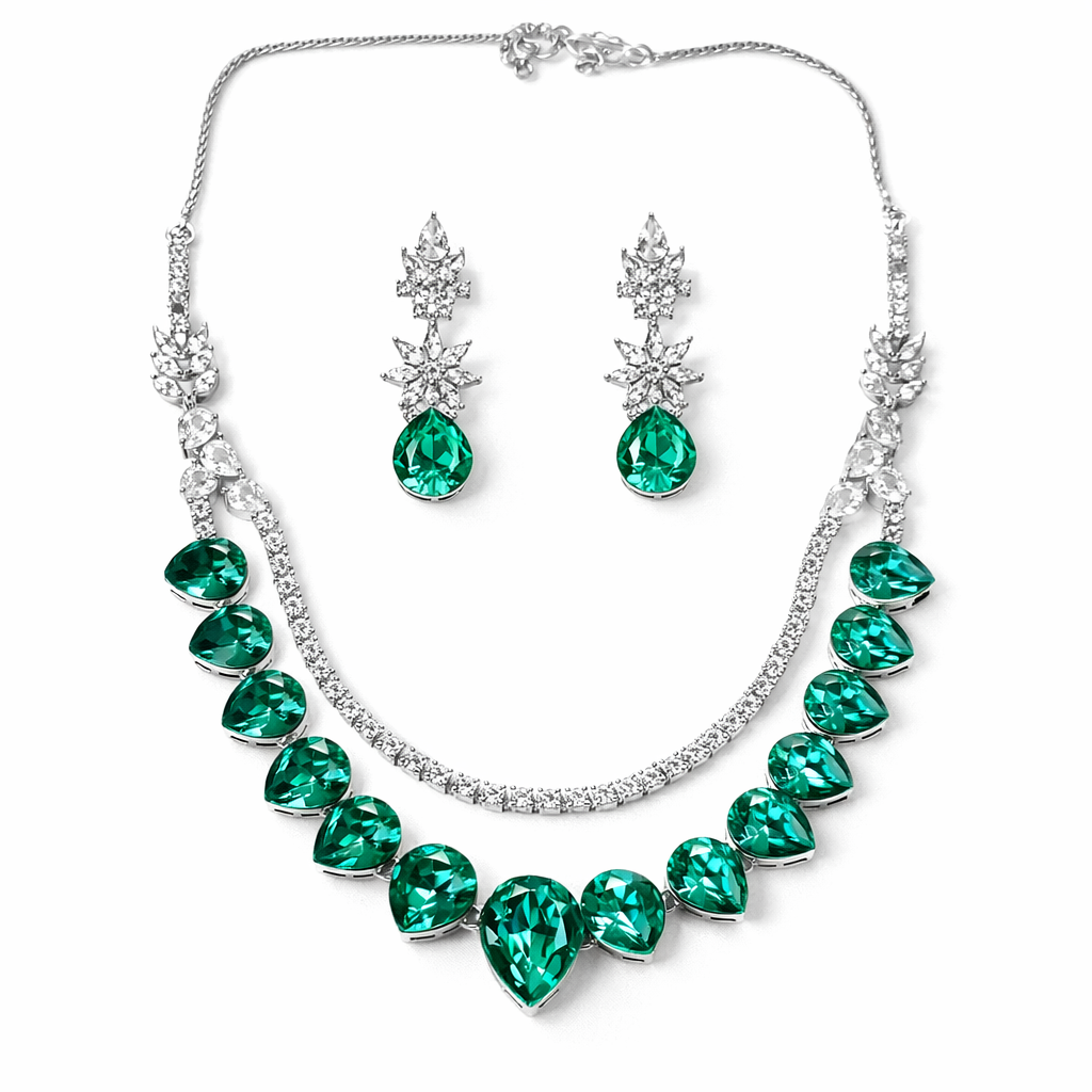 Light Green Emerald Swarovski Crystals American Diamond Silver Plated Necklace Set