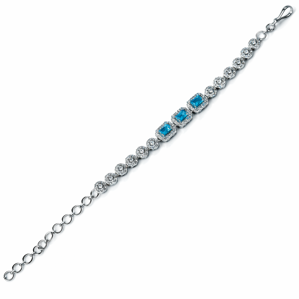 Aqua Blue Sapphire Cubic Zirconia American Diamond Silver Plated Bracelet