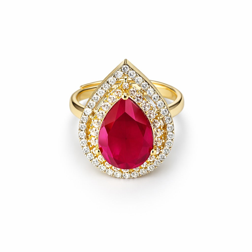 Red Ruby Cubic Zirconia American Diamond Gold Plated Adjustable Ring