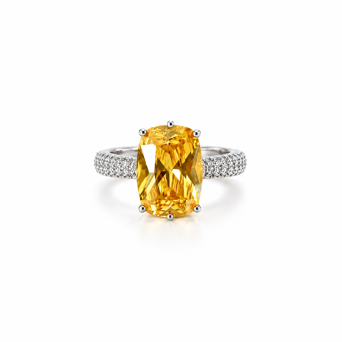 Yellow Topaz Cubic Zirconia Ice Cut American Diamond Silver Plated Adjustable Ring