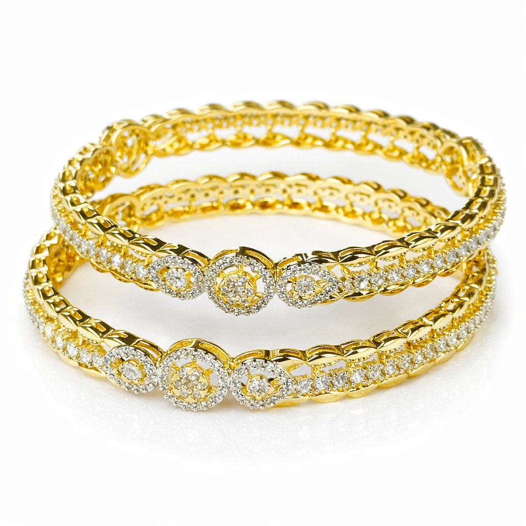 Solitaire Cubic Zirconia American Diamond Gold Plated Bangles, Set of 2