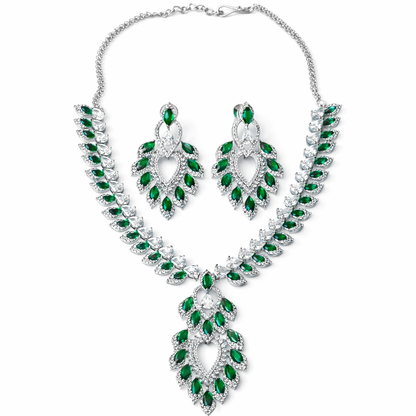 Green Emerald Cubic Zirconia American Diamond Silver Plated Necklace Set