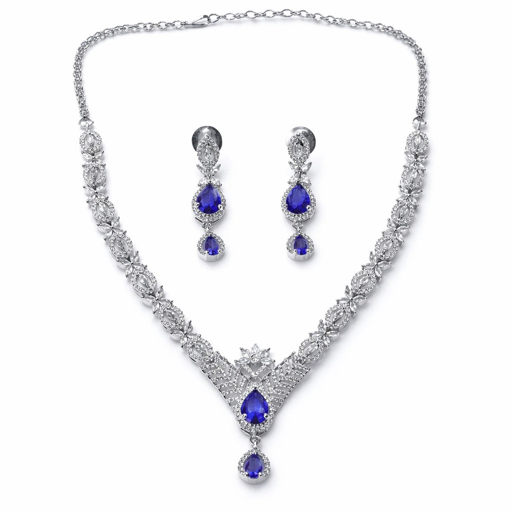 Purple Amethyst Cubic Zirconia American Diamond Silver Plated Necklace Set