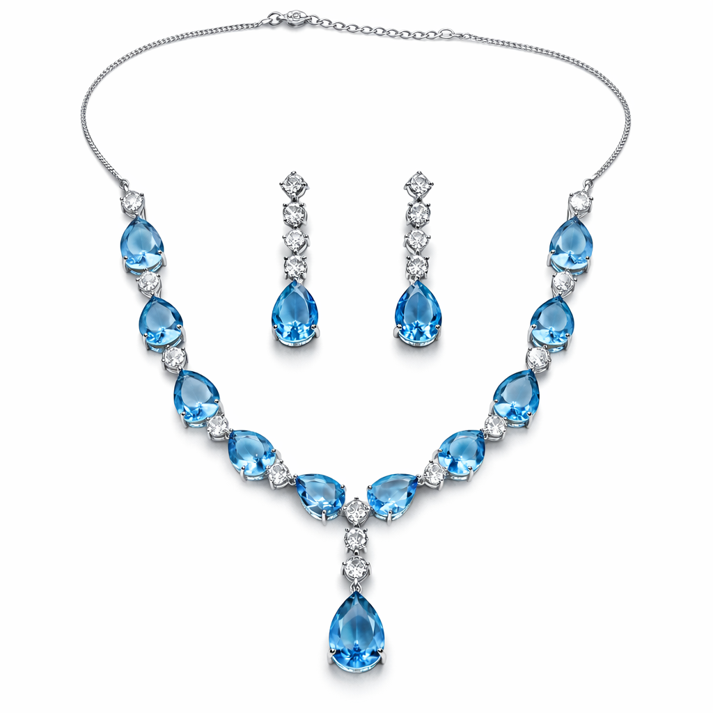 Aqua Blue Sapphire Cubic Zirconia American Diamond Silver Plated Necklace Set