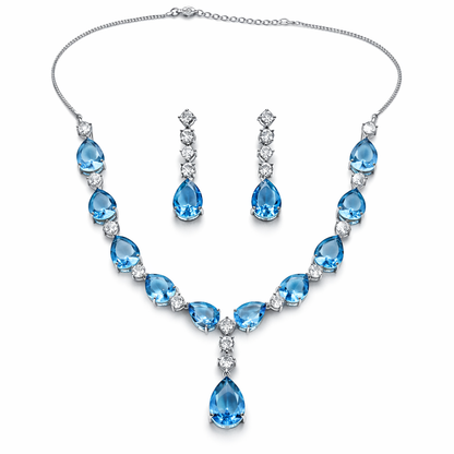 Aqua Blue Sapphire Cubic Zirconia American Diamond Silver Plated Necklace Set