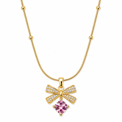 Pink Topaz Cubic Zirconia Bow Design American Diamond Gold Plated Stainless Steel Necklace