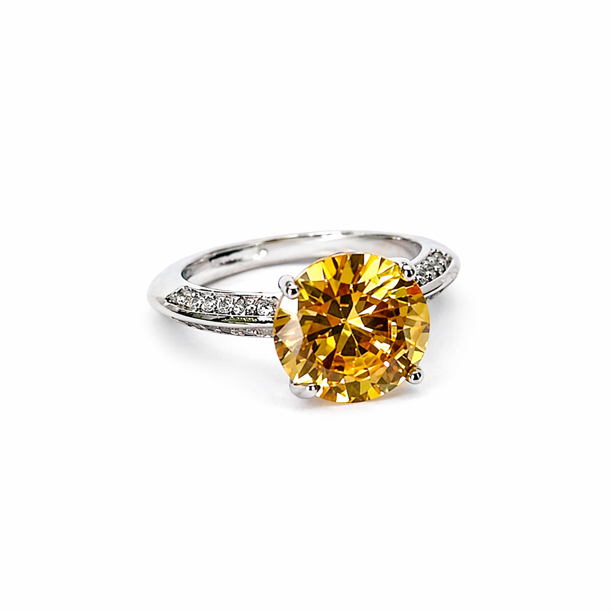 Yellow Topaz Cubic Zirconia Ice Cut American Diamond Silver Plated Adjustable Ring