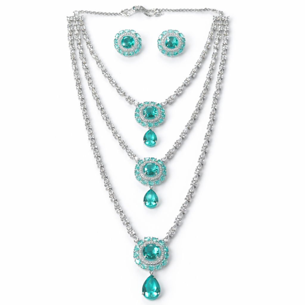 Sea Green Topaz Cubic Zirconia American Diamond Silver Plated Necklace Set
