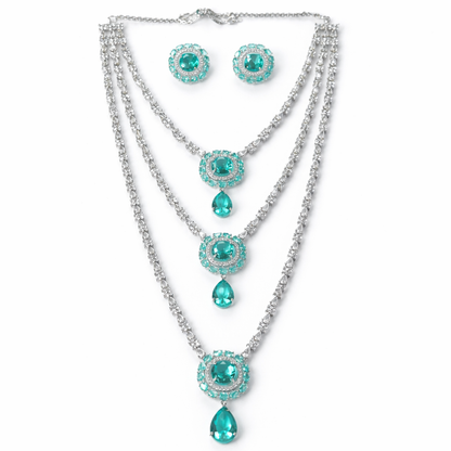 Sea Green Topaz Cubic Zirconia American Diamond Silver Plated Necklace Set