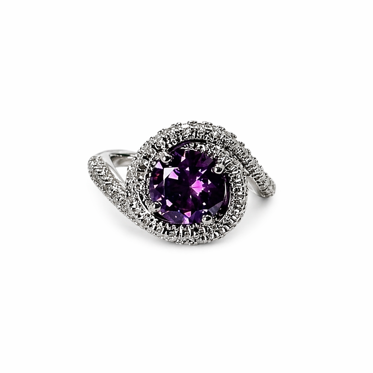 Purple Amethyst Cubic Zirconia Ice Cut American Diamond Silver Plated Adjustable Ring