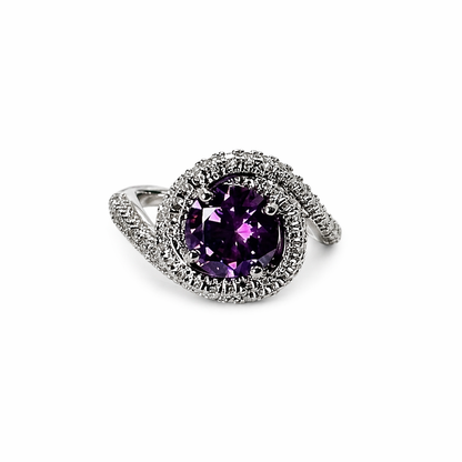 Purple Amethyst Cubic Zirconia Ice Cut American Diamond Silver Plated Adjustable Ring