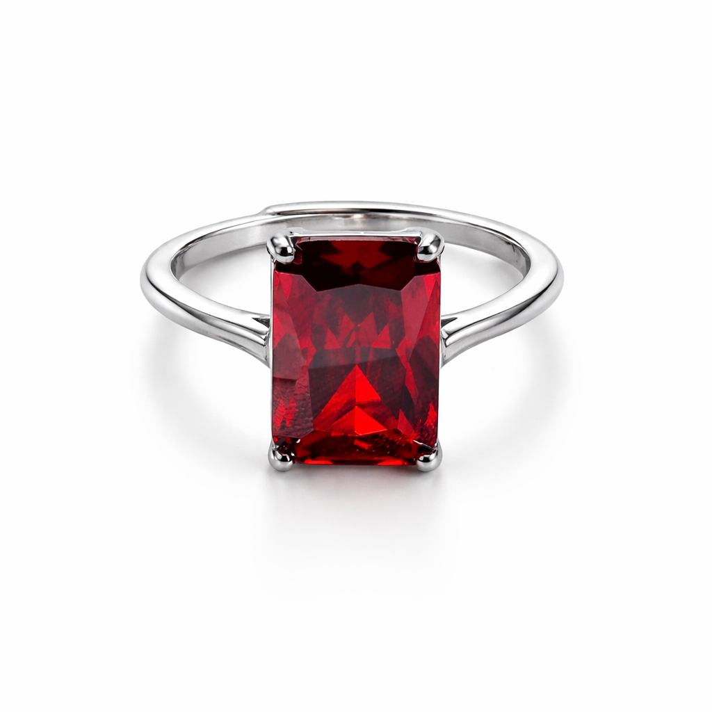 Red Ruby Cubic Zirconia Ice Cut American Diamond Silver Plated Adjustable Ring